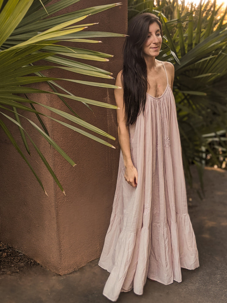 flowy cotton dress - hand embroidered - spaghetti strap -pink sand