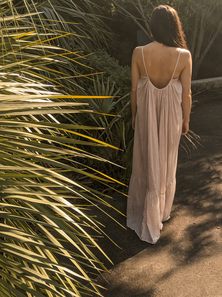 flowy cotton dress - hand embroidered - spaghetti strap -pink sand