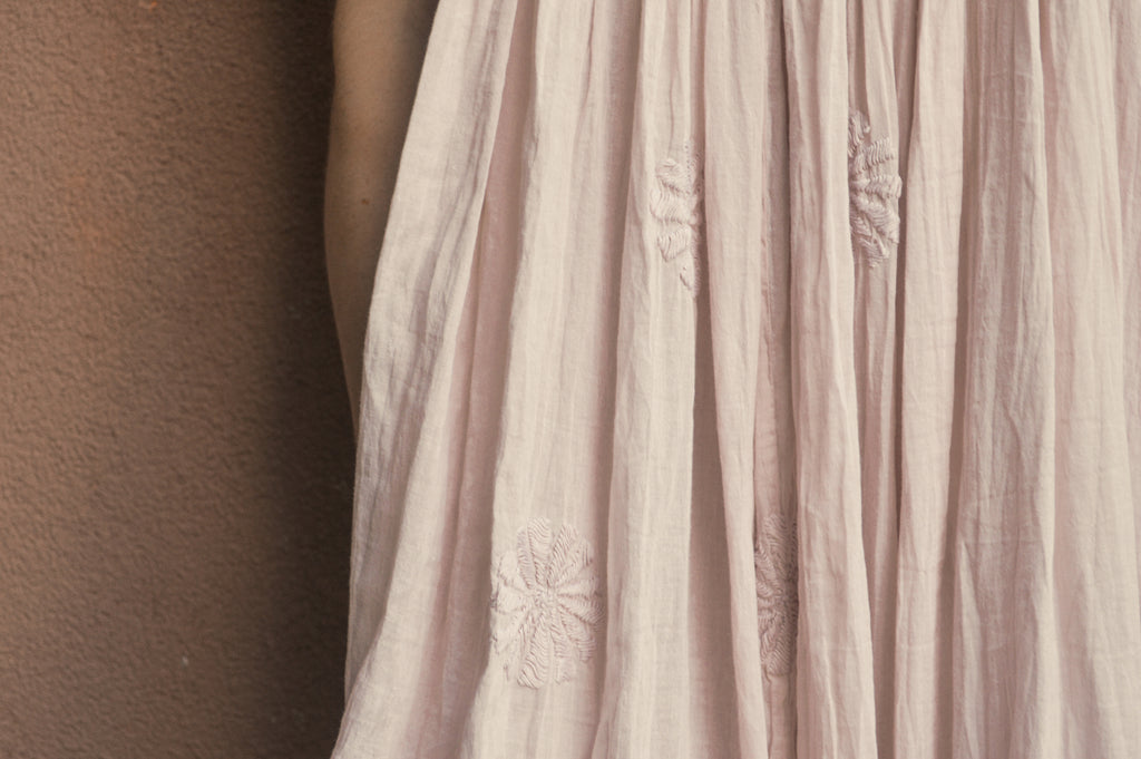 flowy cotton dress - hand embroidered - spaghetti strap - pink sand - details