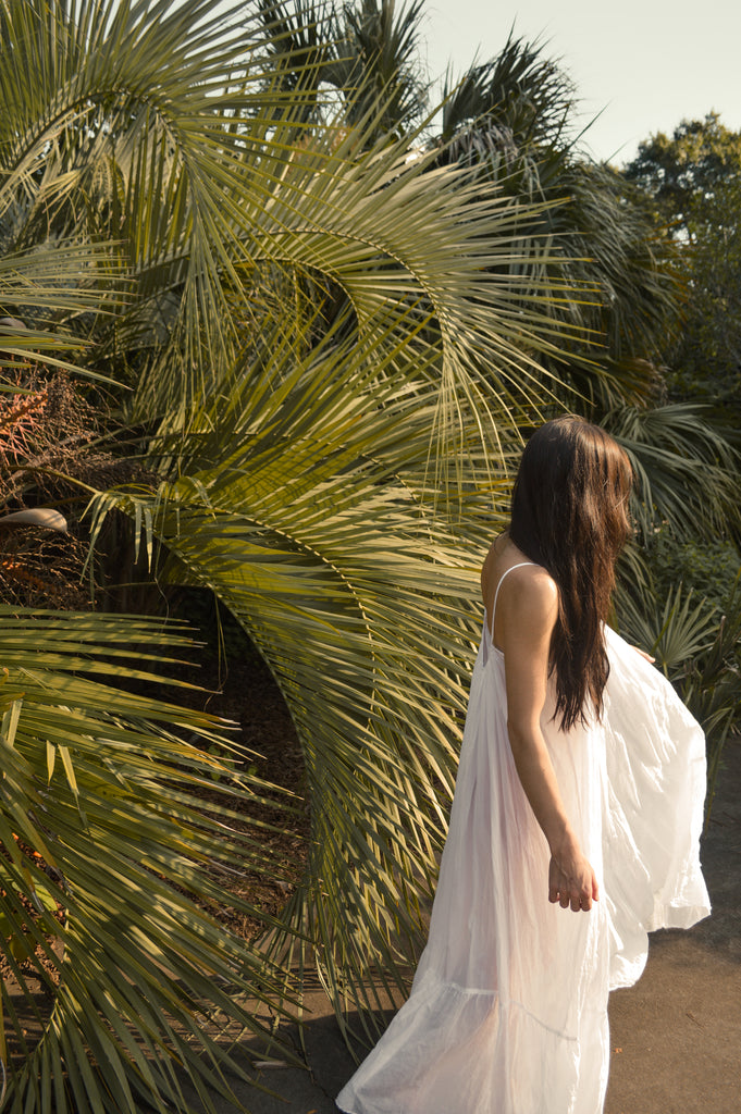 flowy cotton dress - hand embroidered - spaghetti strap - true white