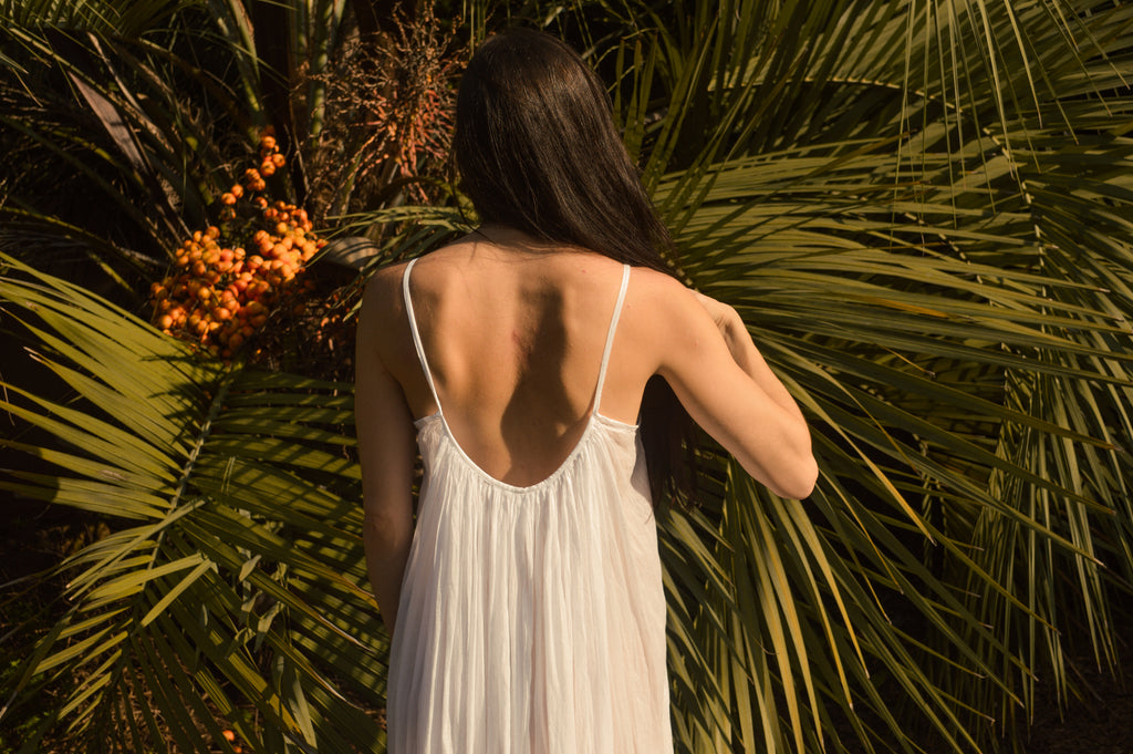 flowy cotton dress - hand embroidered - spaghetti strap - true white